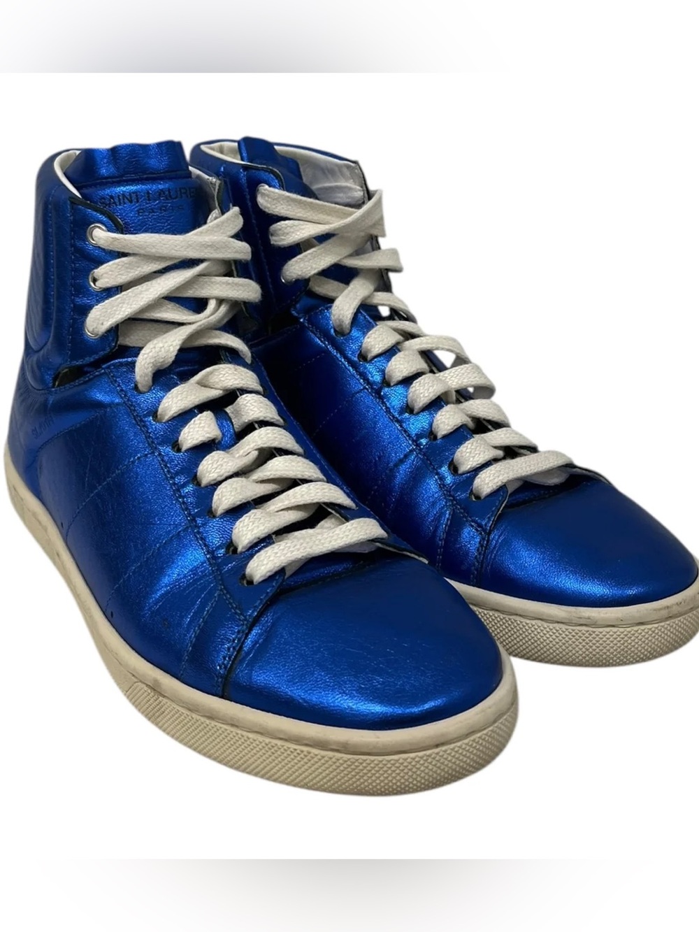 Saint Laurent Metallic Blue High-Top Sneakers with White Laces
